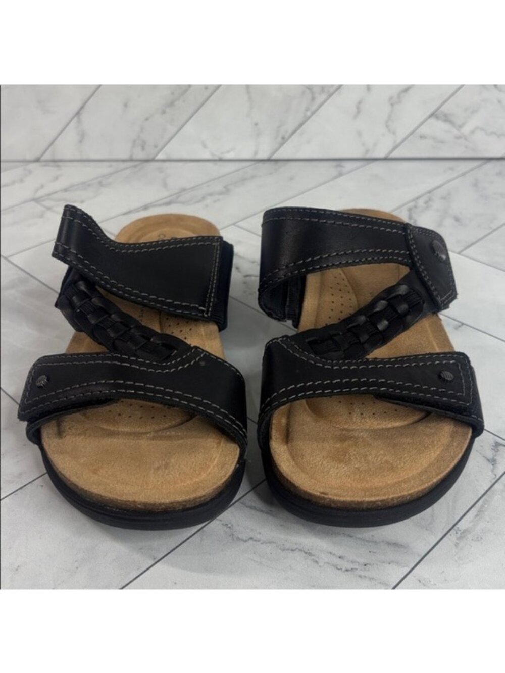 NWT Clarks Womens April Raelyn Black Leather Slide Sandals Size 6M - Picture 3 of 11